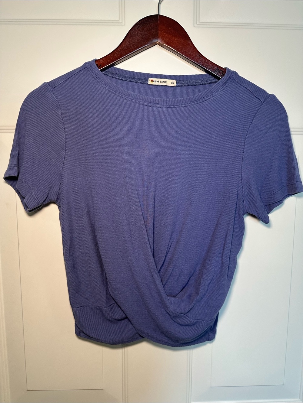 Marine Layer Periwinkle Ribbed Twist Front Crop Top XS Soft Short Sleeve Tee - Picture 2 of 7